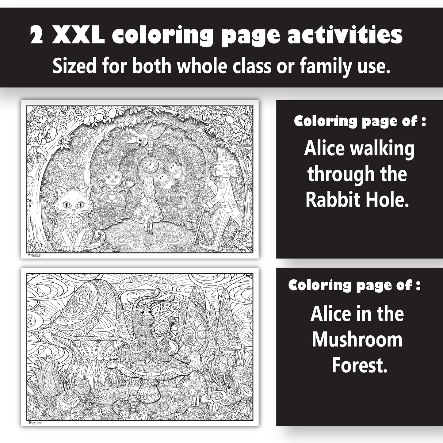 2 Pack Of Giant Coloring Posters Of Alice In Wonderland Of Mandalas Folded Version