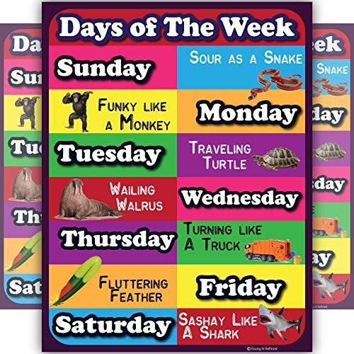 Days of the week Lamintated Educational chart fun poster for kids and teachers with funny lines and animals - Young N' Refined