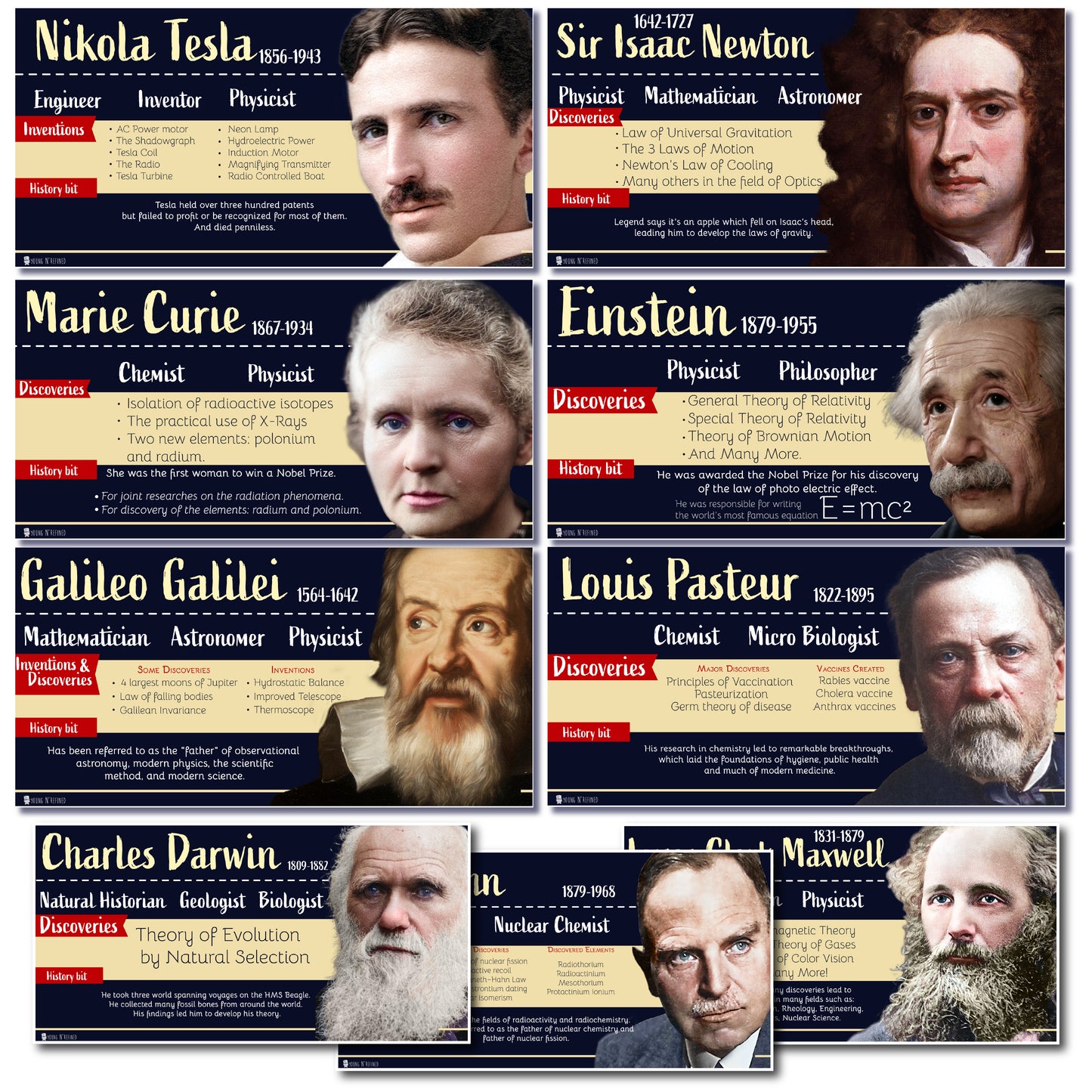 Famous Scientists Poster bulletin board set, 9 charts pack Glossy Paper Young N Refined