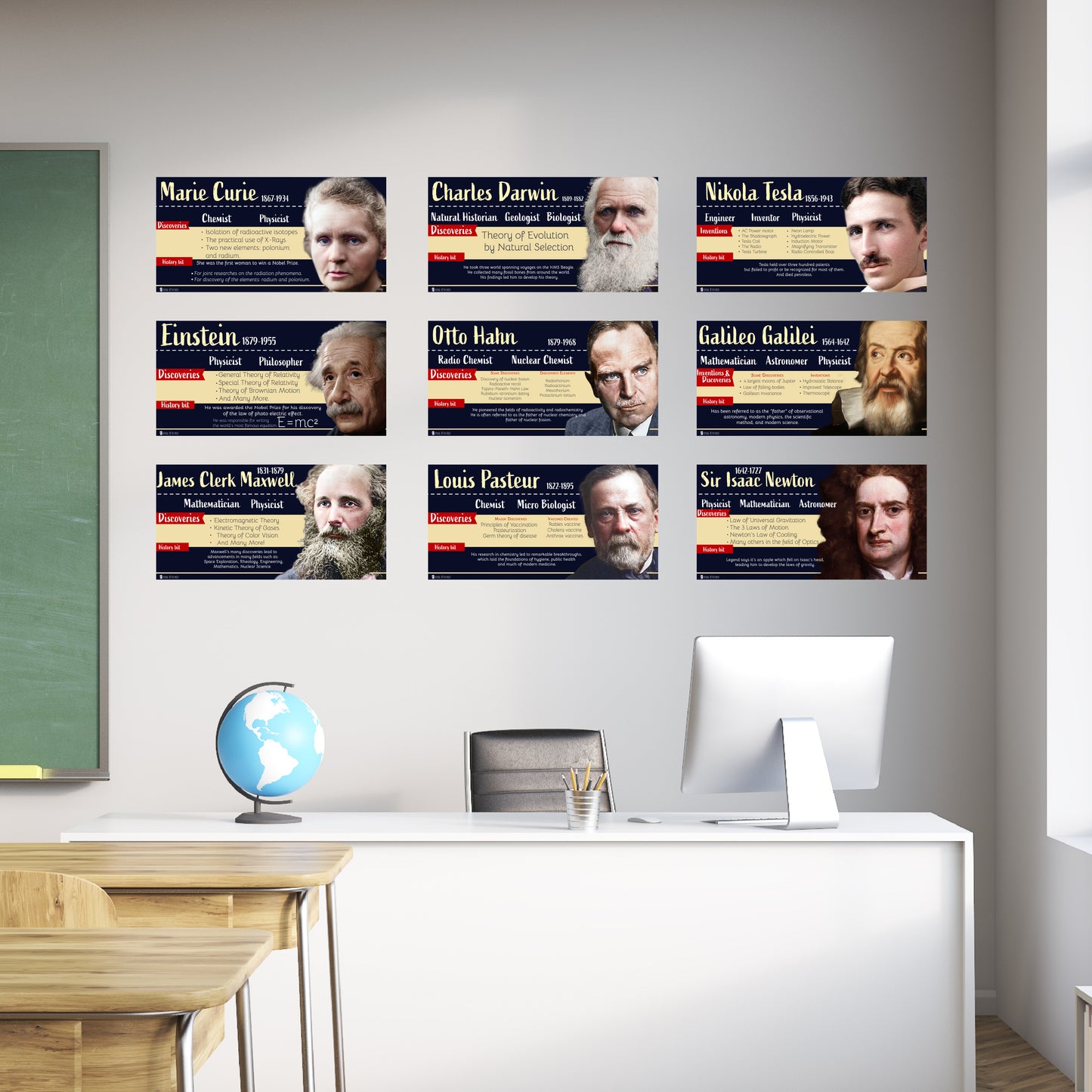 Famous Scientists Poster bulletin board set, 9 charts pack Glossy Paper Young N Refined