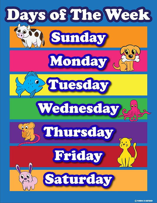 Learning Days of the week elementary school teachers aid. Laminated poster chart - Young N' Refined