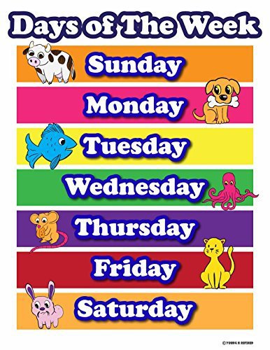 Learning Days of the week elementary school teachers aid. Laminated poster chart colored tabs on white bacgkround with animals - Young N' Refined