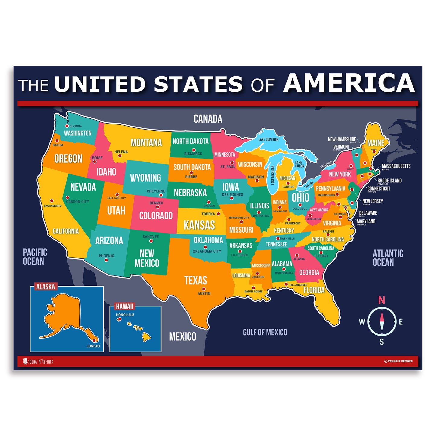 USA and World map poster 2 pack for kids Laminated blue Young N Refined