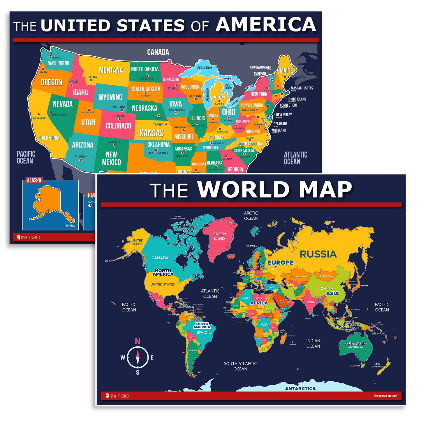 USA and World map poster 2 pack for kids Laminated blue Young N Refined