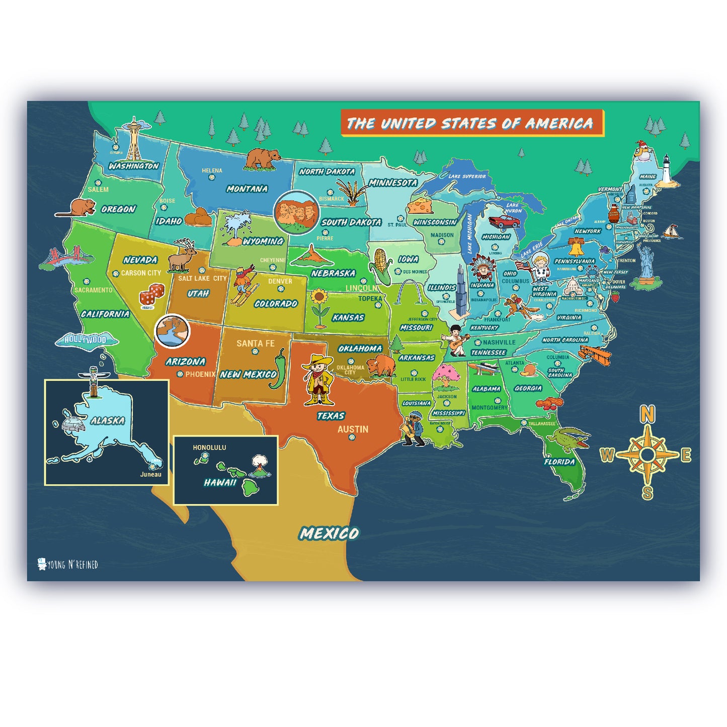 USA Map for kids LAMINATED Large Poster beautifully illustrated