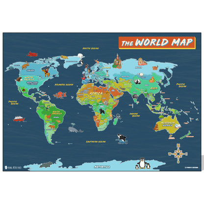 Illustrated World map poster for kids Laminated