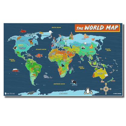 Illustrated World map poster for kids Laminated