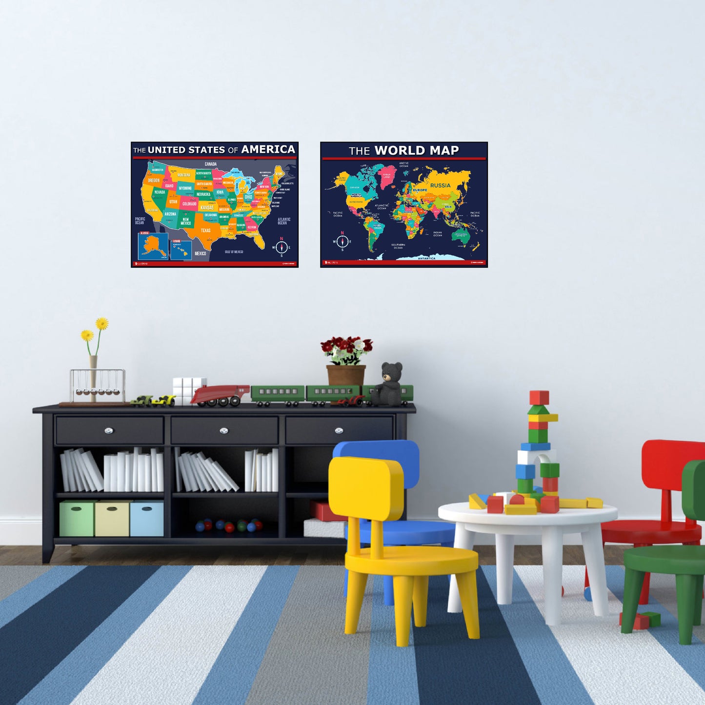 USA and World map poster 2 pack for kids Laminated blue Young N Refined