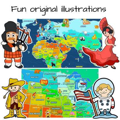 USA and World map poster 2 pack for kids Laminated large illustrated Young N Refined