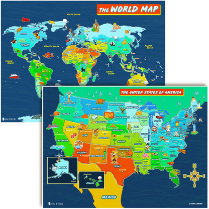 USA and World map poster 2 pack for kids Laminated large illustrated Young N Refined