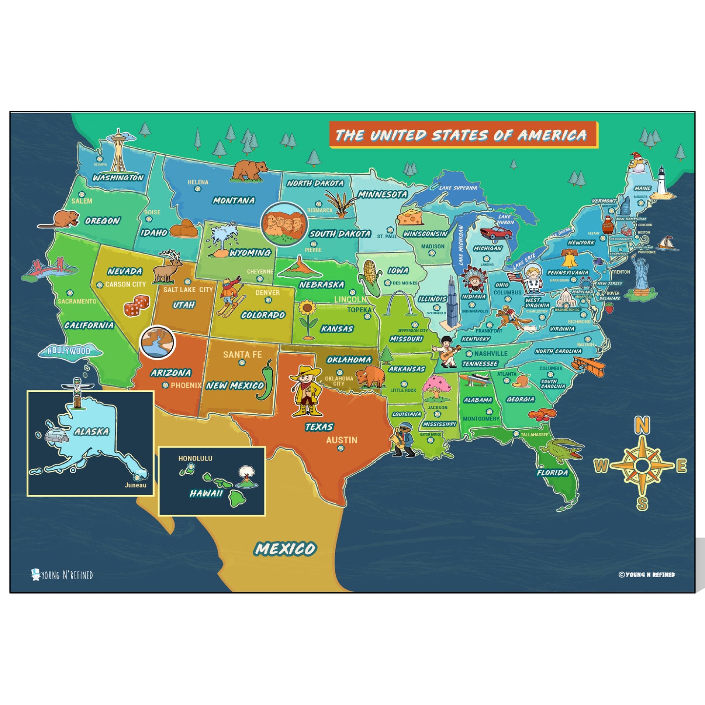 USA and World map poster 2 pack for kids Laminated large illustrated Young N Refined