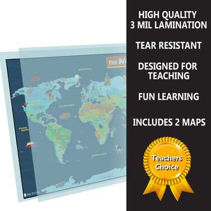 USA and World map poster 2 pack for kids Laminated large illustrated Young N Refined