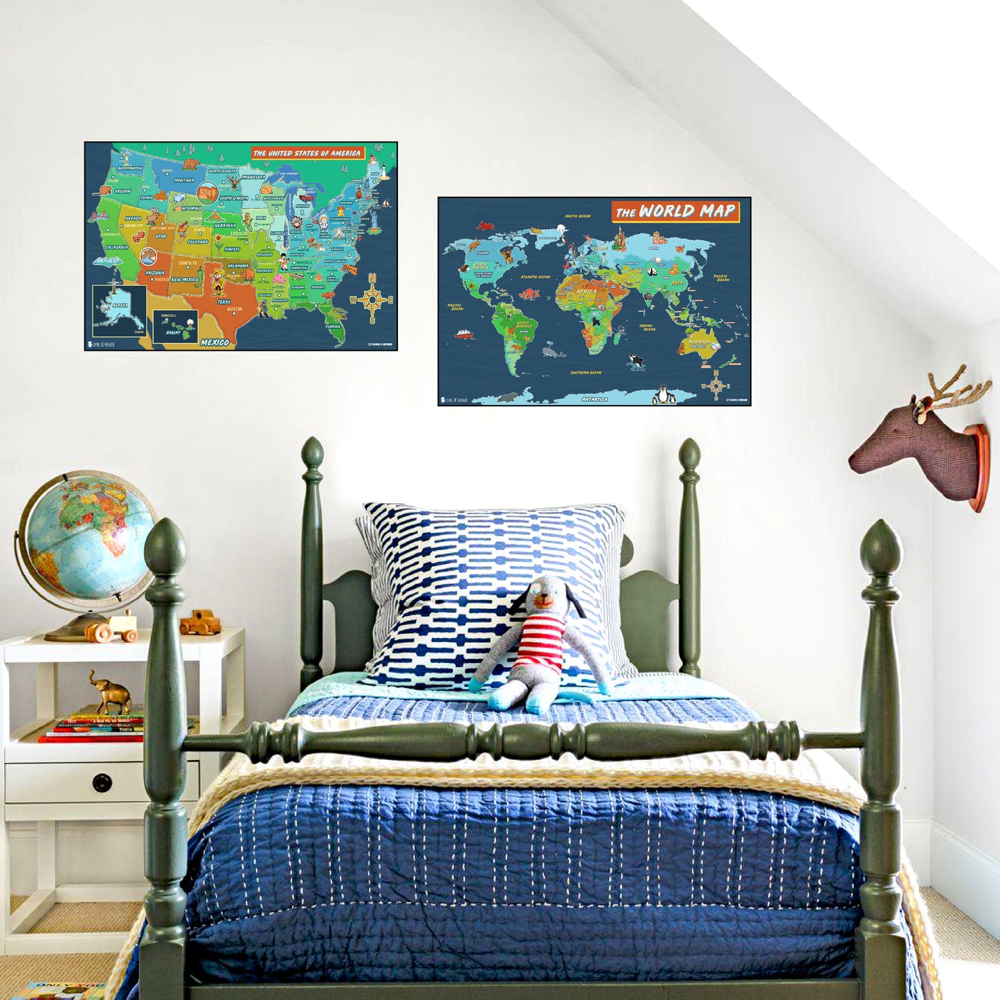 USA and World map poster 2 pack for kids Laminated large illustrated Young N Refined