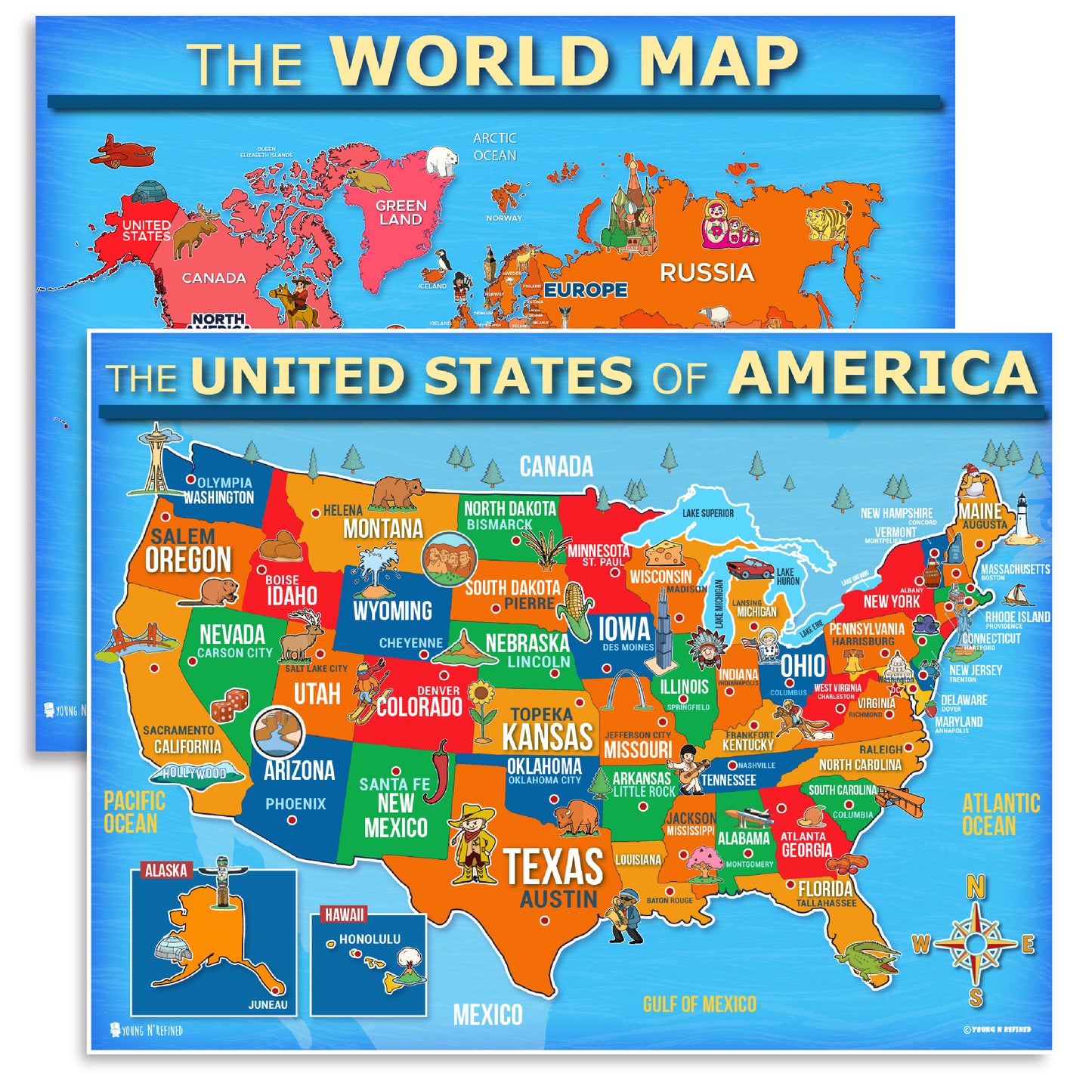 USA and World map poster 2 pack for kids Laminated large illustrated Light blue Young N Refined 15x20)