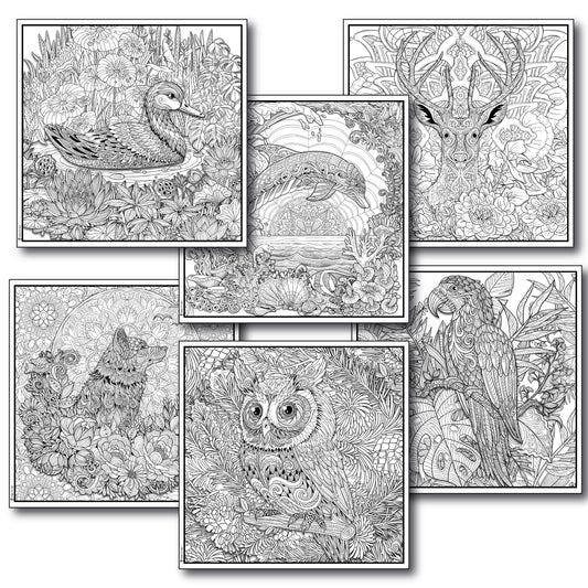 6 Pack of Large Adult Coloring Poster Pages Animals Made of Mandala Floral